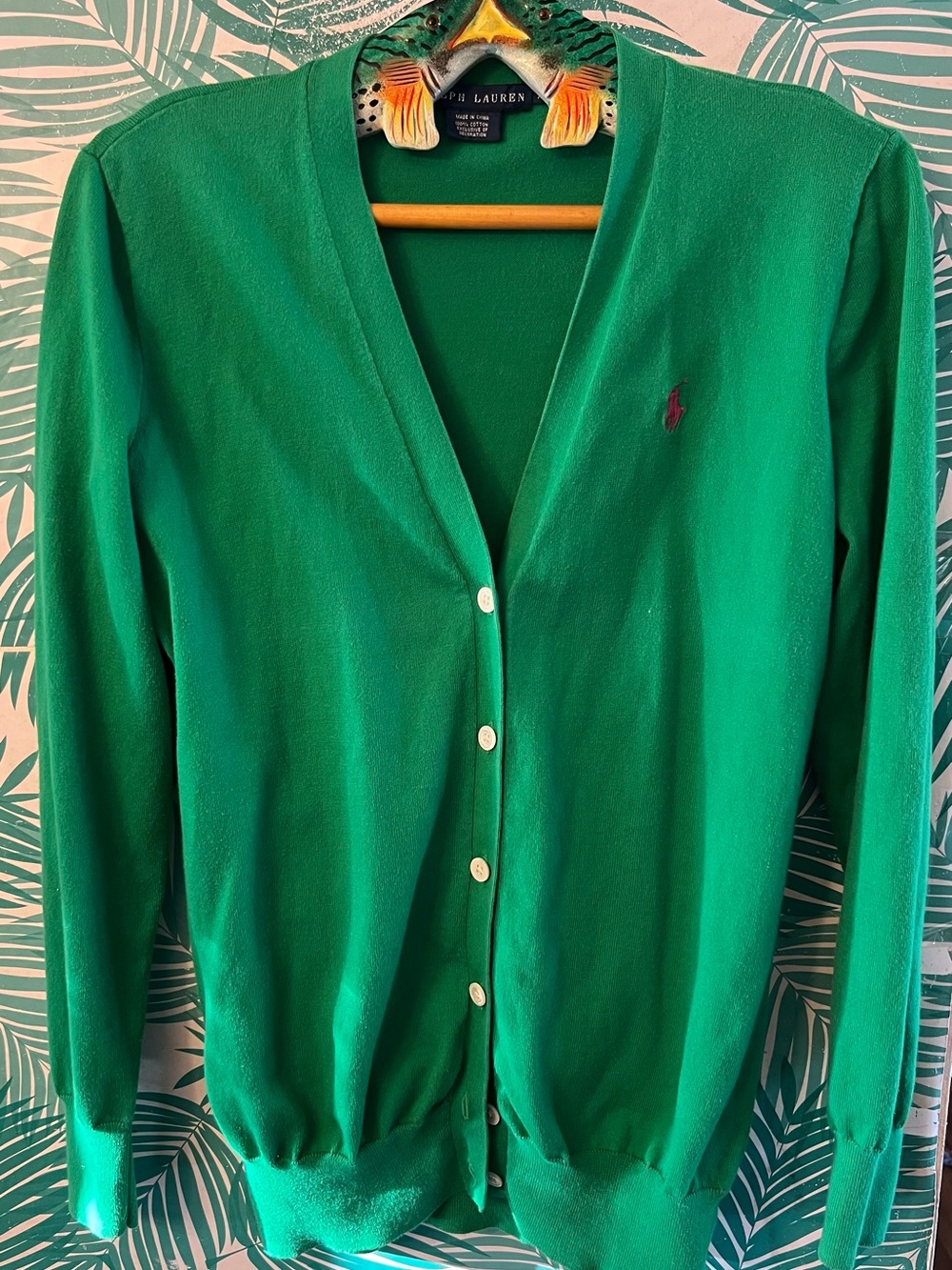 Ralph Lauren Emerald Green V-Neck Button Cardigan w/ pink embroidered logo sz XL